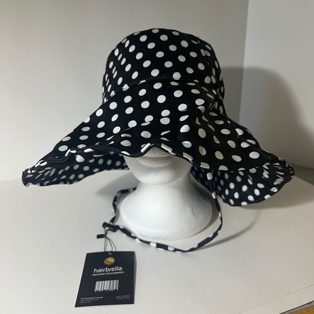 Hairbrella Polka Dot Sun Hat Black White NWT Waterproof Satin Lined